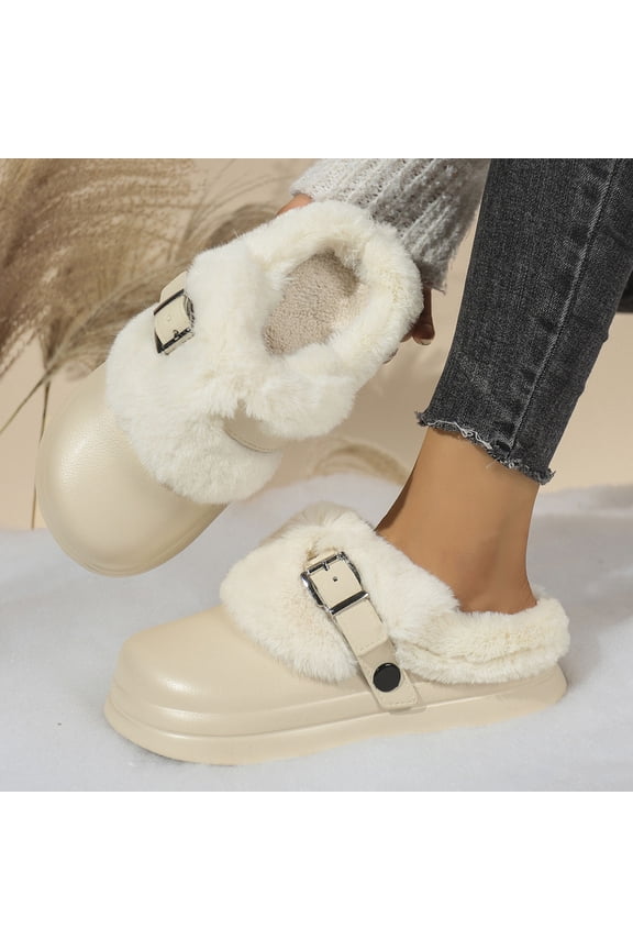 Womens Beige Faux Faux Fur Slide Sandals - Warm Lined with Adjustable Buckle, Lightweight EVA Platform Sole, Cozy Winter Casual Footwear,Size 40