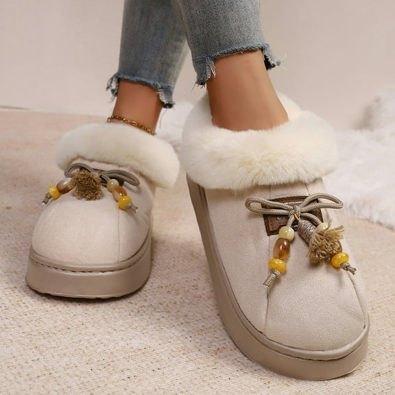 Womens Beige Fuzzy Lined Platform Shoes - Warm Flock Upper with Tassel Beads, Comfortable Casual Winter Shoes for Indoor Outdoor, US Size Avail,Size 42