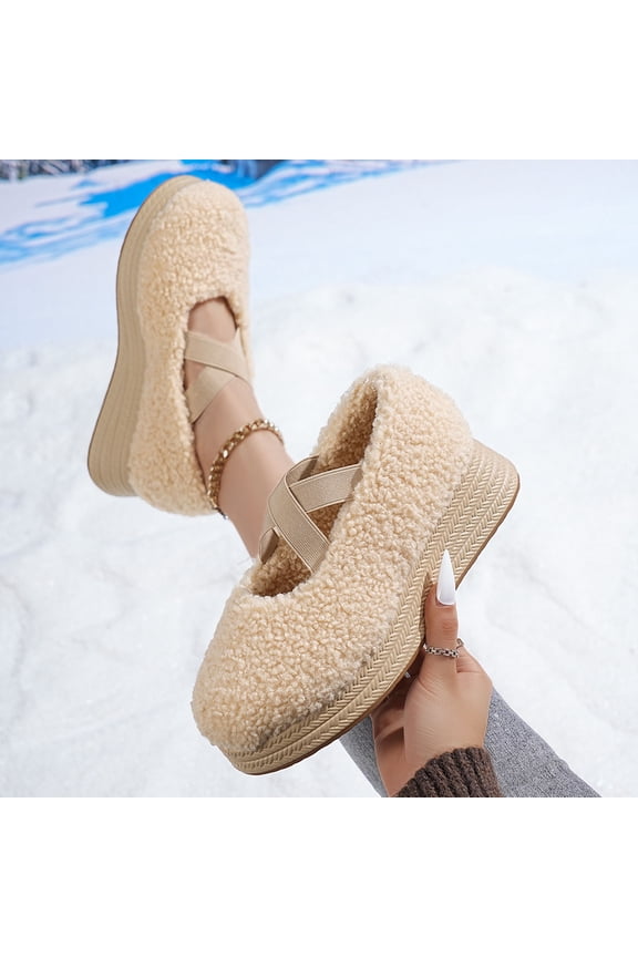 Womens Beige Fuzzy Mary Jane Shoes, Warm Plush Upper with Crisscross Straps, Woven Platform Comfort Shoes US 5.5-9,Size 41