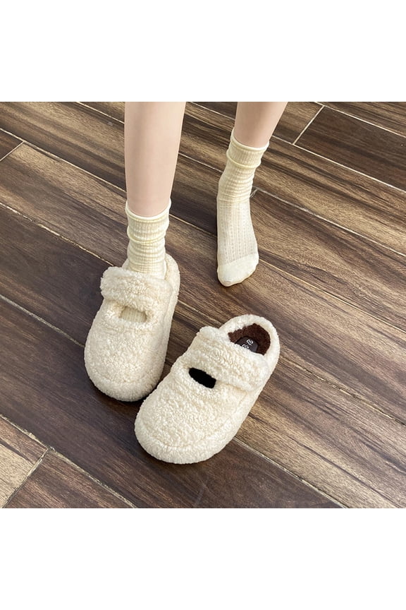 Womens Beige Fuzzy Slippers - Adjustable Velcro Strap, Closed Toe, Non-Slip Indoor Outdoor Cozy Plush Mule Slippers for Ladies,Size 37