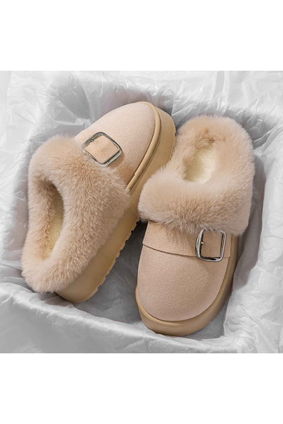 Womens Beige Mule Slippers - Warm Plush Collar Flock Slippers, Non-Slip Thick Sole Fashion Metal Buckle Indoor Outdoor Winter Comfort Slippers for Women US 5.5-8.5,Size 36