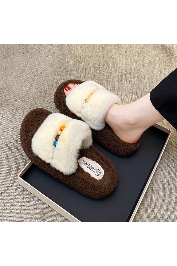 Womens Beige Plush Slide Slippers - Cozy Fluffy Beaded Slip-On, Warm Indoor Outdoor Slippers for Women Made with Nylon Spandex,Size 37