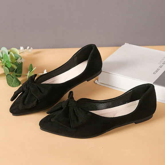 Womens Black Bow Accent Flats - Flock Fabric Comfortable Shoes with Cushioned Insole, Shallow Mouth & Extended Sizes 35-44 for Daily Office Campus Wear,Size 39