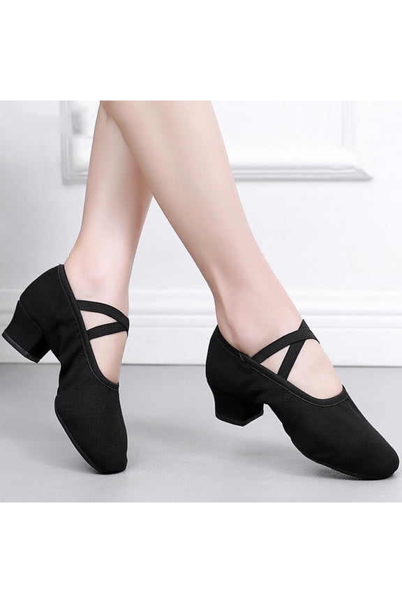 Womens Black Canvas Dance Shoes - Comfortable Low Block Heel, Elastic Strap, Non-Slip for Practice & Daily Wear (36-42),Size 37