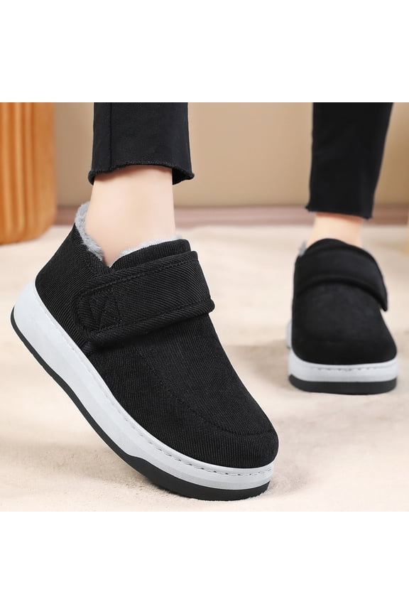 Womens Black Corduroy Faux Faux Fur Lined Warm Shoes - Hook and Loop Closure, Slip-Resistant Thick Sole Casual Low-Top,Size 36