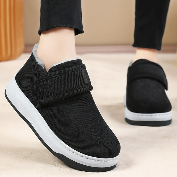 Womens Black Corduroy Faux Faux Fur Lined Warm Shoes - Hook and Loop Closure, Slip-Resistant Thick Sole Casual Low-Top,Size 41