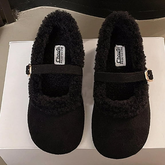 Womens Black Fleece Lined Mary Jane Flats - Warm Non-Slip Shoes with Adjustable Buckle, Soft Flock Upper Casual Autumn Winter Everyday Wear,Size 40