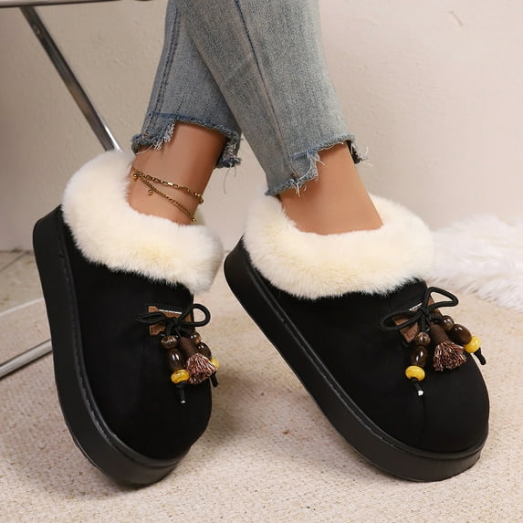 Womens Black Fuzzy Platform Shoes - Warm Flock Upper with Tassel Beads, Comfortable Fuzzy-Lined Casual Shoes for Winter Indoor Outdoor, US Size,Size 42