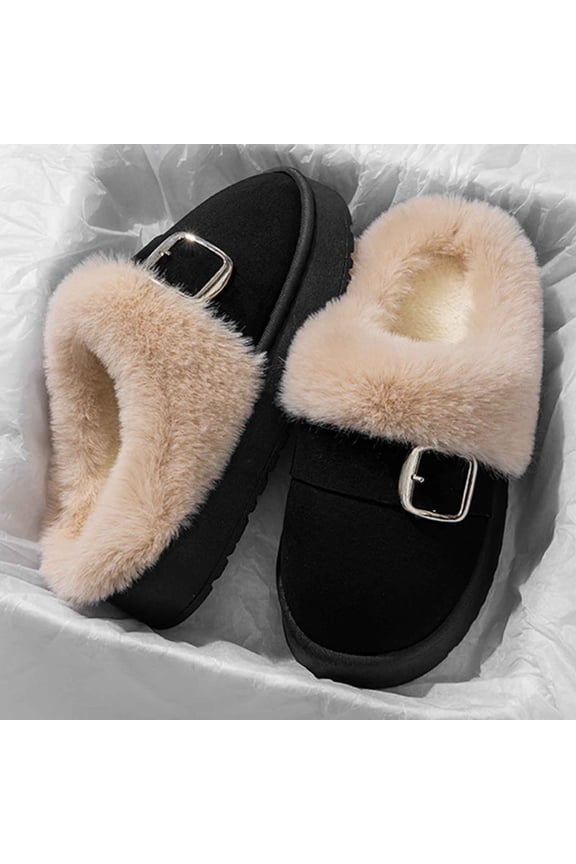 Womens Black Mule Slippers - Warm Plush Non-Slip Thick Sole Metal Buckle Indoor Outdoor Winter Slippers US 5.5-8.5,Size 40