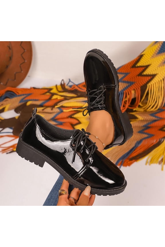 Womens Black Oxford Shoes, Patent PU Low Block Heel Lace-Up Shoes, Comfortable Vintage Rounded Toe Non-Slip Oxfords for Work Commuting Campus, US Size 5-11,Size 38