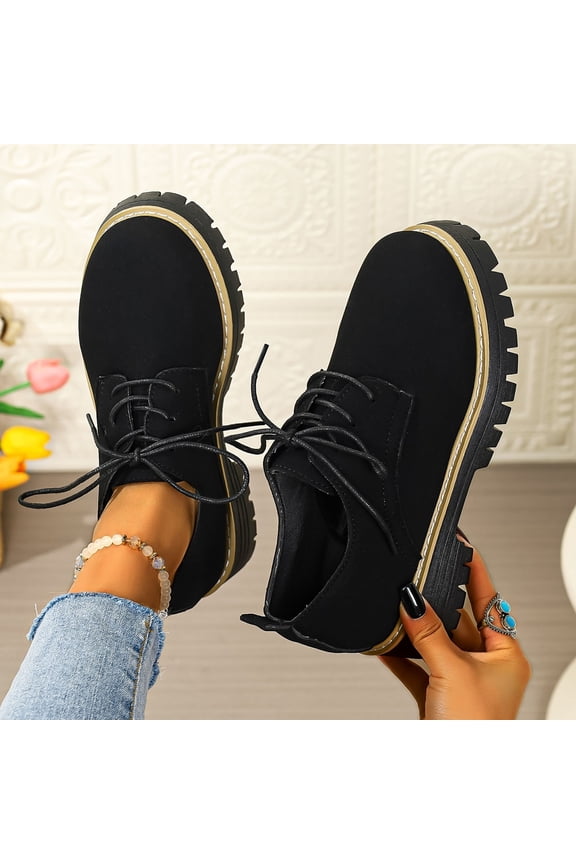Womens Black Platform Lace-Up Derby Shoes - PU Faux Leather, All-Day Comfort, Chunky Sole, Adjustable Fit for Casual & Business Casual Wear,Size 38