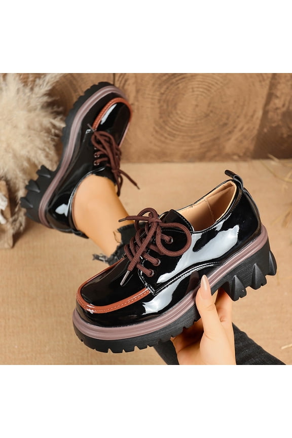 Womens Black Retro Platform Oxford Shoes - Chunky Sole Lace-Up Glossy PU Footwear with Color-Blocked Toe, Comfortable Versatile Style,Size 42