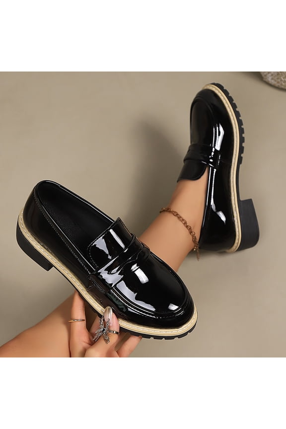 Trushoes Womens Black Slip On Loafers - Faux Patent PU Block Heel, Comfortable Non-Slip Penny Loafers with Rounded Toe Size 36-43,Size 42