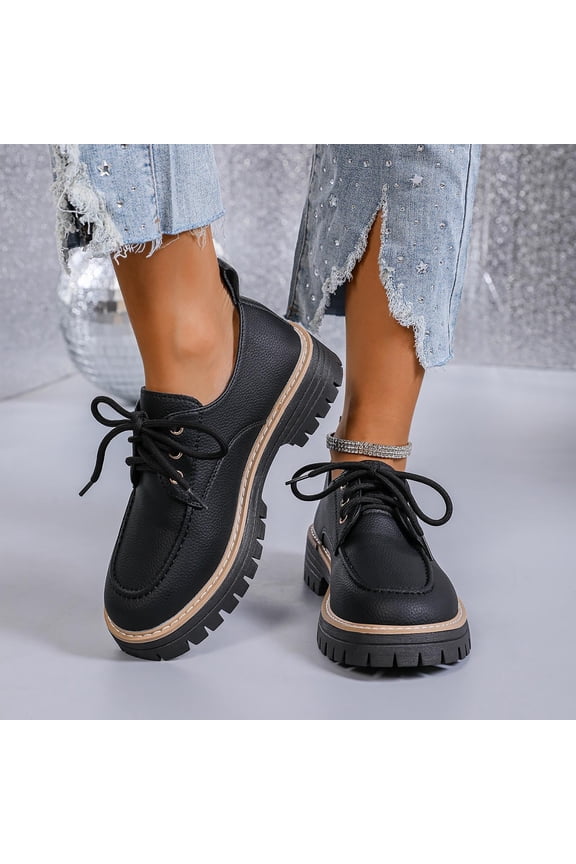 Womens Black Vintage Platform Derby Shoes, Lace-Up PU Faux Leather Chunky Sole Comfortable Retro Shoes US 5.5-9.5,Size 36