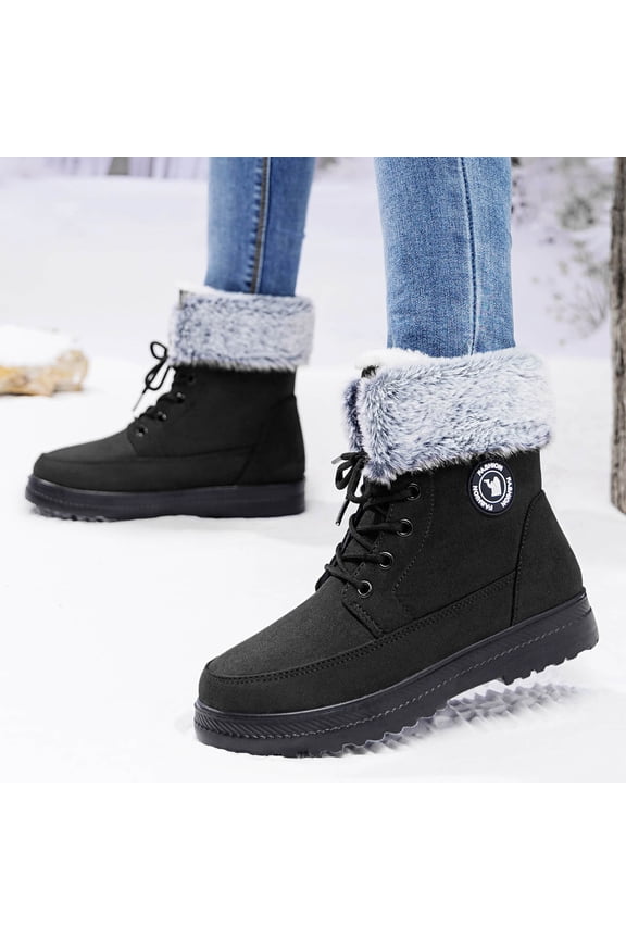 Womens Black Winter Snow Boots, Ankle-High Faux Faux Fur Lined Lace-Up, Anti-Slip Rubber Outsole Warm Flock Boots,Size 36