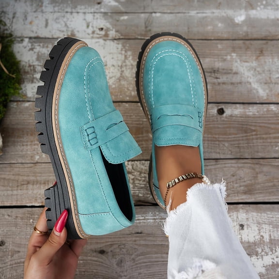 Womens Blue Chunky Sole Loafers - Comfortable Slip On Faux Suede Loafers for Women, Round Toe Easy Match Shoes for Daily Office Casual,Size 36
