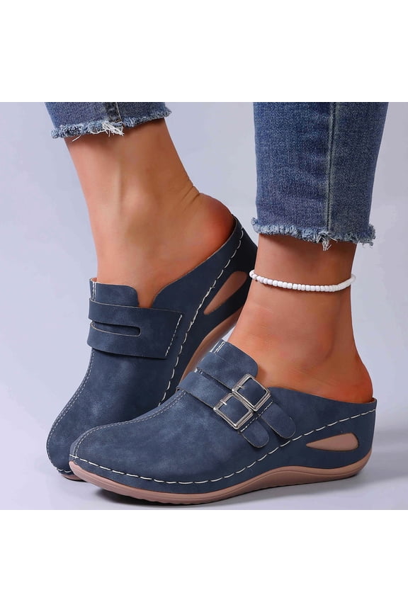 Trushoes Womens Blue Flock Mules - Double Metal Buckle Backless Slip On Shoes, Soft Suede-Like All-Day Comfort Casual Daily Footwear for Women,Size 37