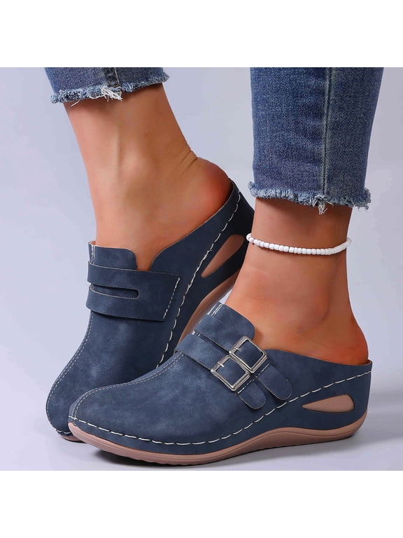 Trushoes Womens Blue Flock Mules - Double Metal Buckle Backless Slip On Shoes, Soft Suede-Like All-Day Comfort Casual Daily Footwear for Women,Size 42
