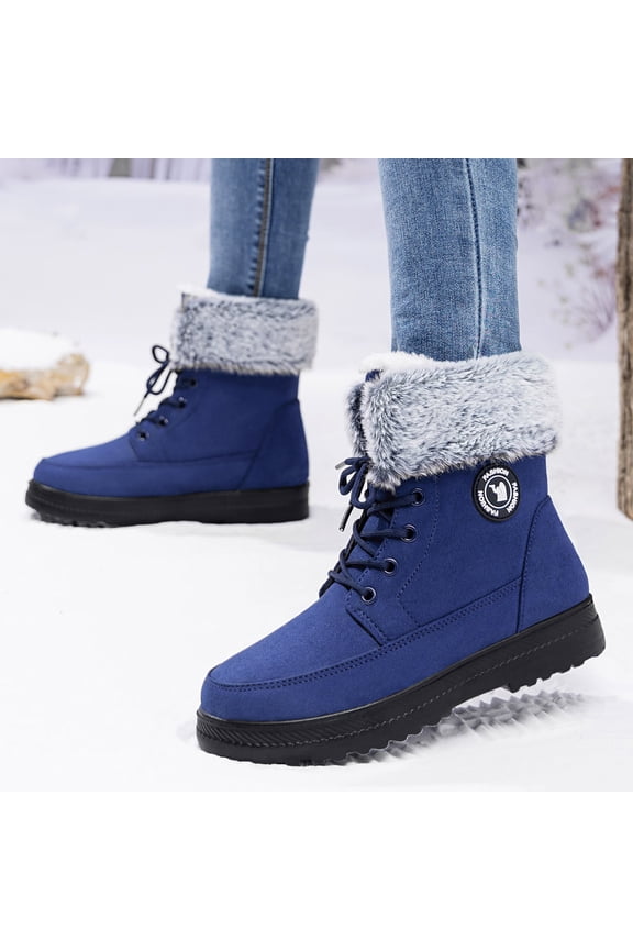 Womens Blue Winter Snow Boots, Faux Faux Fur Lined Ankle-High Lace-Up, Anti-Slip Rubber Outsole Warm Flock Upper Snow Boots for Cold Days,Size 36