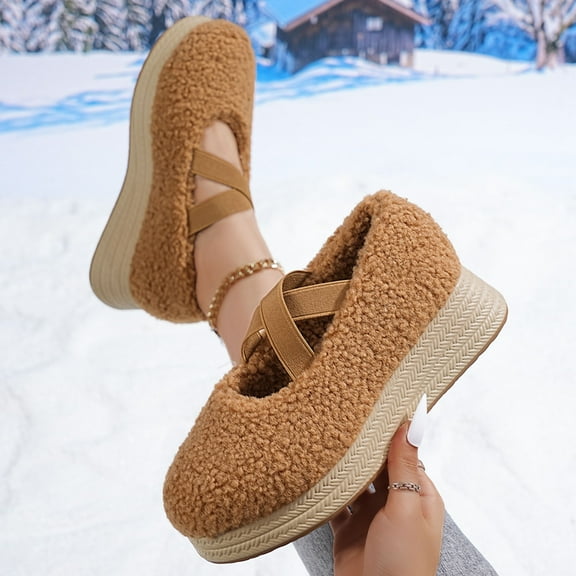 Womens Brown Mary Jane Shoes, Fuzzy Warm Plush Upper with Crisscross Straps, Woven Platform Comfort Shoes US 5.5-9,Size 39
