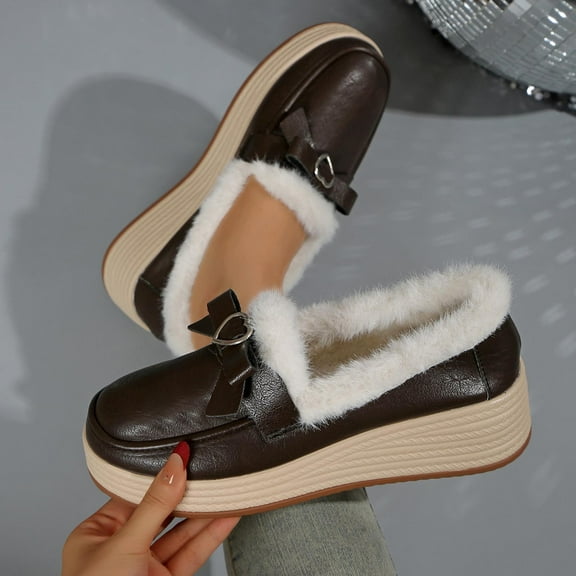 Womens Brown Platform Loafers, Faux Faux Fur Lined Warm Shoes, Height Increasing Comfy Style with Bow & Metal Heart, PU Upper for Winter Office Daily,Size 41