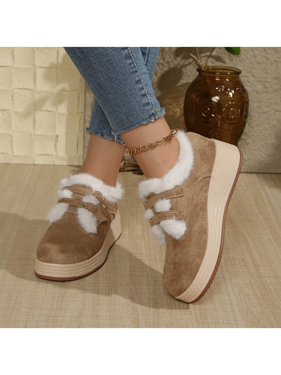 Womens Faux Faux Fur Platform Wedge Sneakers - Khaki, Warm Flock Upper with Adjustable Buckle, 5cm Heel for Fall Winter Comfort, US 5.5-11 (EU 36-43),Size 38
