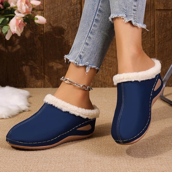 SYMSHOES Womens Faux Faux Fur Warm Slippers PU Faux Leather Indoor Outdoor Slip-On Mule with Ergonomic Sole - Blue,Size 37