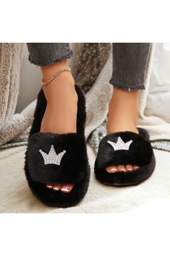 Womens Fuzzy Open Toe Slippers - Sparkle Crown Embellished Slip-On, Nylon Spandex Blend, Comfortable Black Lounge House Slippers for Ladies,Size 42