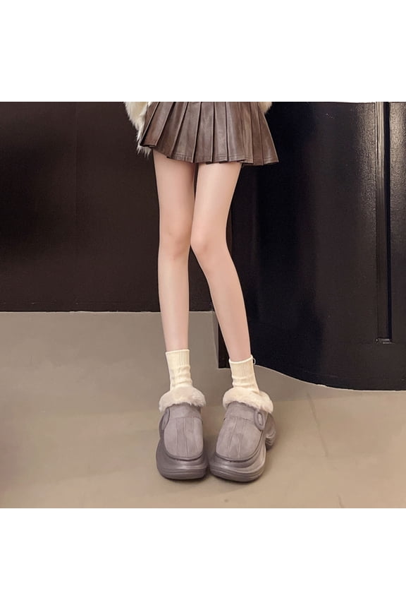 Trushoes Womens Gray Faux Faux Fur Platform Mules - Warm Flock Slip-On, Height Increasing Retro Casual Shoes,Size 38