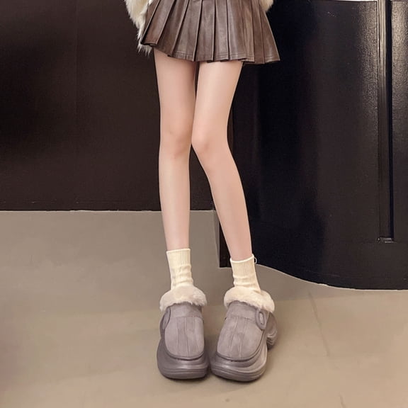 Trushoes Womens Gray Faux Faux Fur Platform Mules - Warm Flock Slip-On, Height Increasing Retro Casual Shoes,Size 40