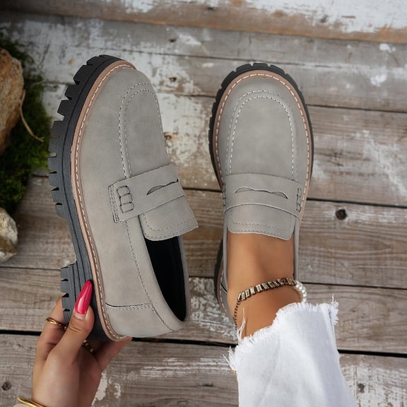 Womens Gray Faux Suede Loafers - Comfortable Slip On Shoes, Chunky Sole Round Toe Footwear, Durable Easy-Match for Office Daily Casual,Size 36