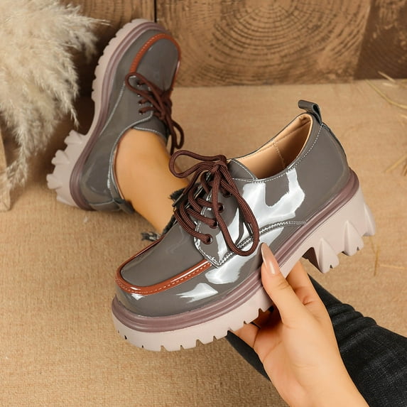 SYMSHOES Womens Gray Retro Platform Oxford Shoes - Chunky Lace-Up Glossy PU Footwear with Color-Blocked Toe, Versatile Comfortable Style,Size 37