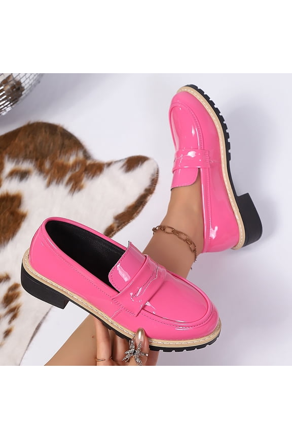 Trushoes Womens Hot Pink Slip On Loafers - Faux Patent PU Block Heel, Comfortable Rounded Toe Non-Slip Penny Loafers Size 36-43,Size 37