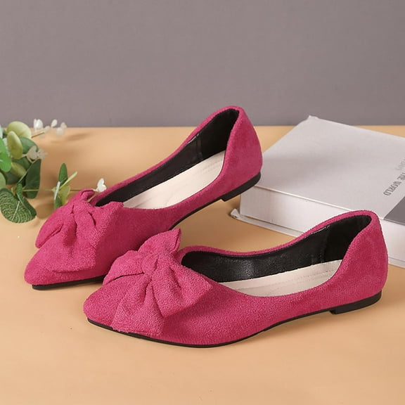 Womens Hot Pink Trendy Bow Flats - Soft Flock Fabric Shoes with Cushioned Insole, Shallow Mouth & Extended Sizes 35-44 for Campus Coffee Dates Daily Wear,Size 39