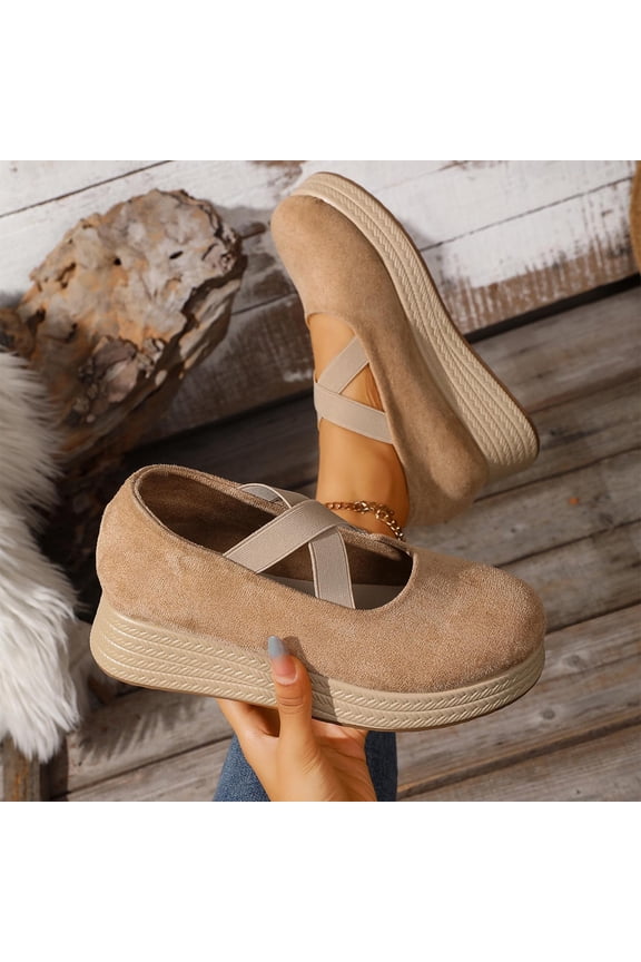 Womens Khaki Flock Platform Wedges - Mary Jane Shoes with Crisscross Elastic Straps, Round Toe, Non-Slip Sole & All-Day Comfort for Casual Daily & Office Wear,Size 39