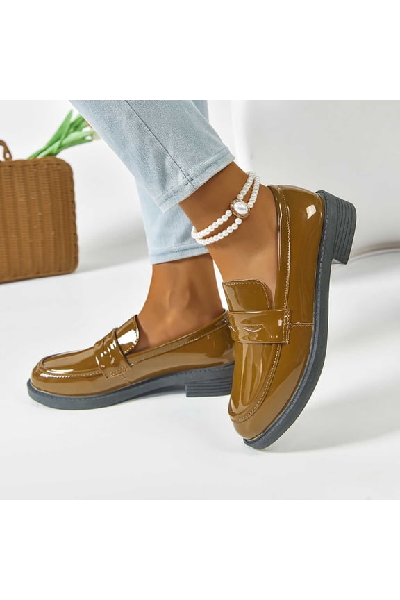 Womens Khaki Patent Faux Leather Slip-on Loafers - Low Block Heel with Cushioned Insole, Comfortable Daily & Office Wear for Female,Size 36