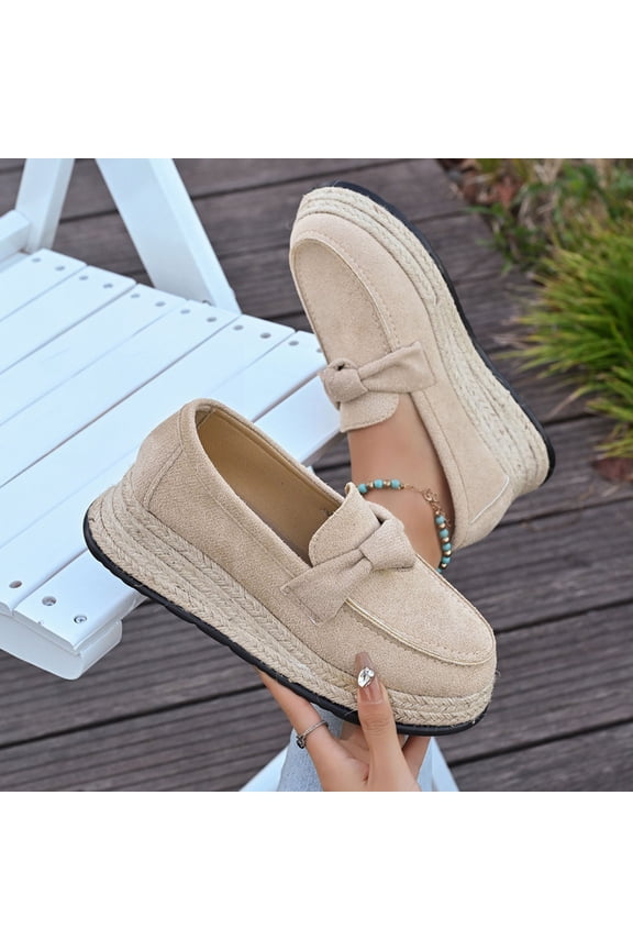 Womens Khaki Platform Espadrille Loafers - Bow Detail, Vintage Casual, Non-Slip Round Toe Shoes,Size 38