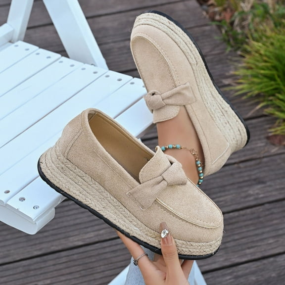 Womens Khaki Platform Espadrille Loafers - Bow Detail, Vintage Casual, Non-Slip Round Toe Shoes,Size 40