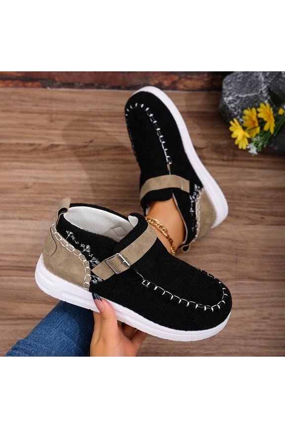Womens Mid-Top Casual Shoes, Black Flock & Faux Suede Platform Shoes with Adjustable Buckle, Cushioned Sole for All-Day Comfort, US 5.5-9.5,Size 36