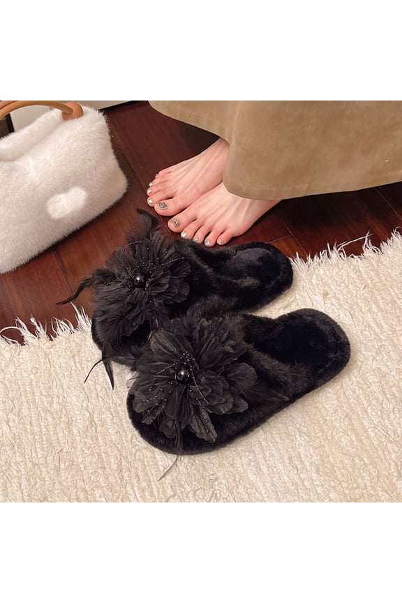Womens Open Toe Plush Slippers - Black Fuzzy Decorative House Slippers with Flower Feather Pearl, Soft Nylon Spandex Indoor Outdoor Slippers US 5.5-7.5,Size 40