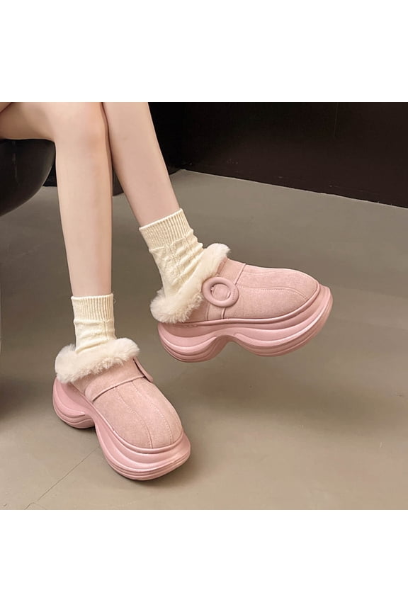 Womens Pink Faux Faux Fur Lined Platform Mules - Cozy Warm Flock Indoor Outdoor Retro Chunky Platform Slippers for Women,Size 36