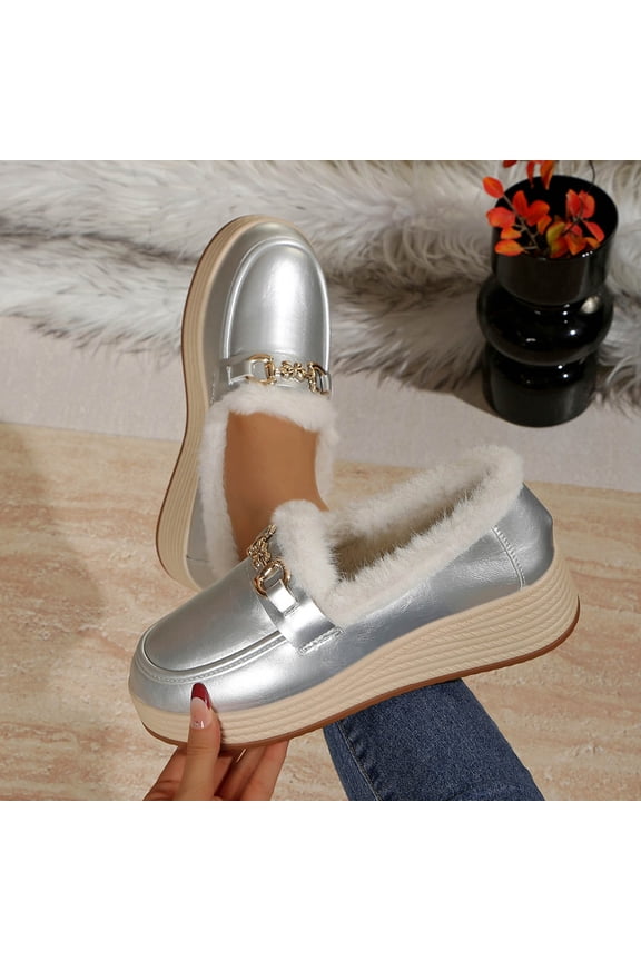 Womens Platform Loafers Silver Metallic, Faux Faux Fur Lined Warm Shoes, Comfort Wedge Heels PU Faux Leather,Size 39