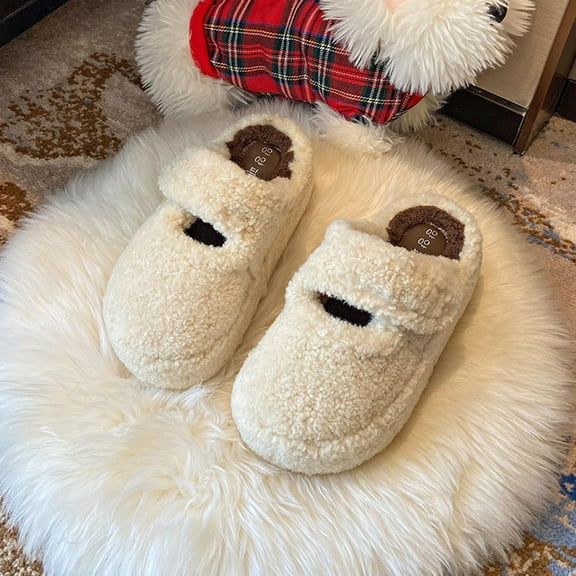 SYMSHOES Womens Plush Fuzzy Slippers - Non-slip Adjustable Hook and Loop Closure, Soft Warm Nylon Spandex Closed Toe Slippers for Indoor Outdoor Home Casual Use, Beige,Size 36
