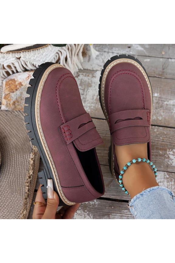 Womens Purple Faux Suede Loafers - Chunky Sole Slip On Shoes, Round Toe Comfortable Footwear, Durable Easy-Match for Office Daily Casual,Size 37
