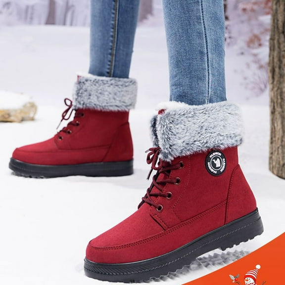 SYMSHOES Womens Red Winter Snow Boots, Faux Faux Fur Lined Ankle-High Lace-Up, Anti-Slip Rubber Outsole Soft Flock Upper for Winter & Snowy Days,Size 40
