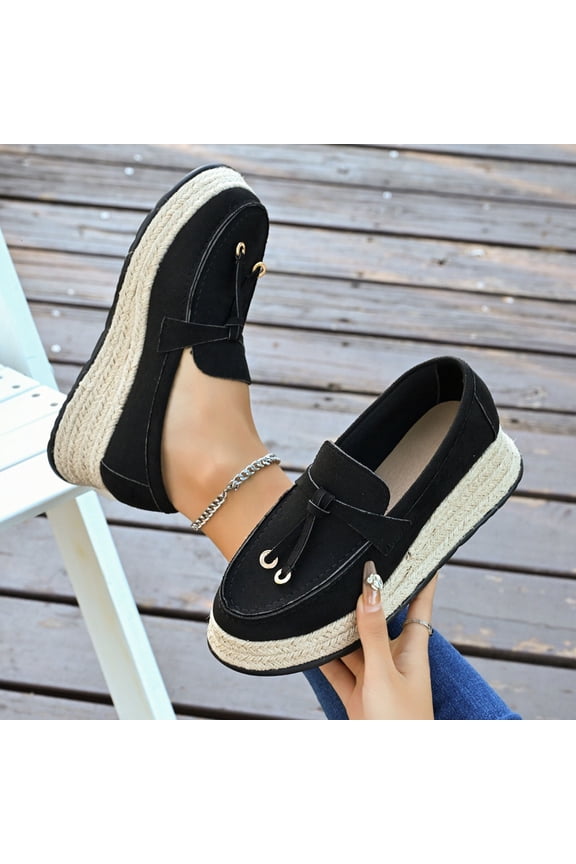 Trushoes Womens Slip On Espadrille Platform Loafers - Vintage Tassel Metal Accent Nylon Spandex Comfortable Height-Boosting Shoes (Black),Size 36