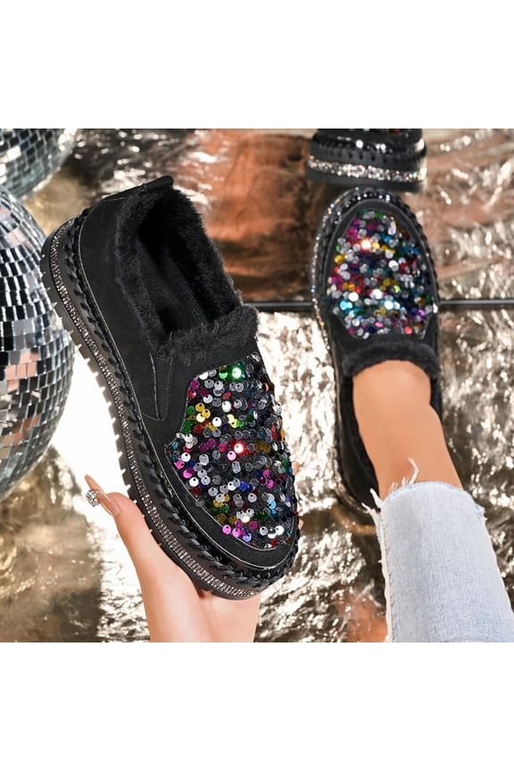 Womens Slip-On Loafers, Black Sequined Faux Faux Fur Lined Shoes, Warm Sparkly Bling Footwear with Rhinestone Accent, Comfortable Cold Weather Casual Party Flats,Size 38