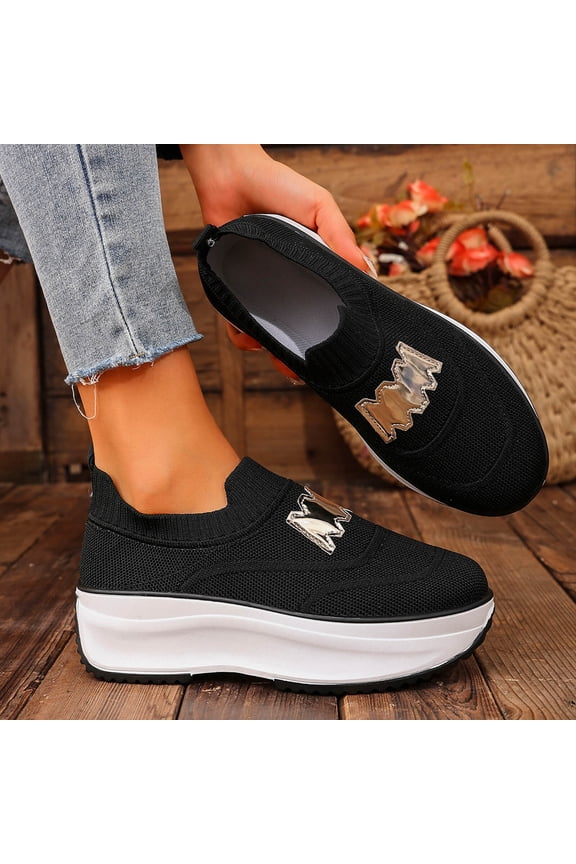 Womens Slip On Platform Sneakers, Black Breathable Mesh Upper, Chunky Non-Slip Sole Height Increasing, Comfortable Casual Athleisure Shoes for Women (US 5-10),Size 38