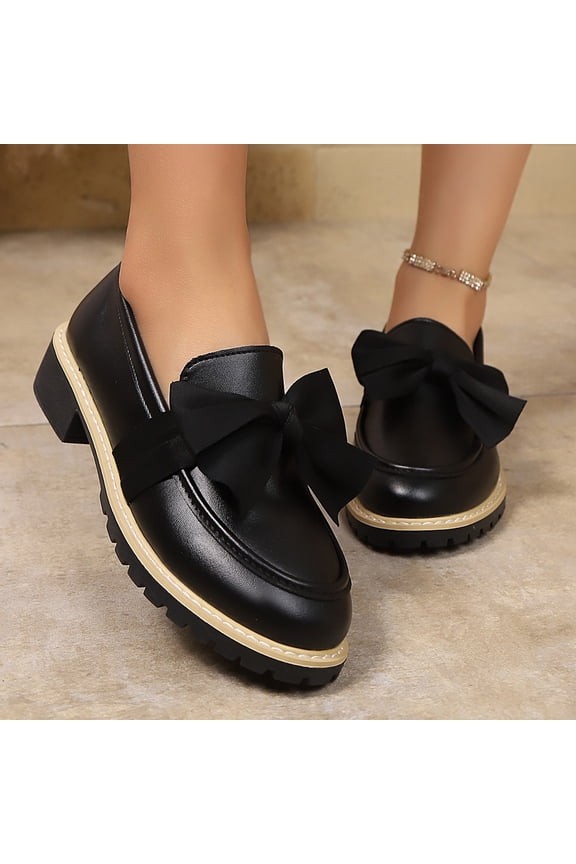Womens Vintage British Style Loafers - Black Oversized Bow 4cm Block Heel PU Shoes, Slip-Resistant Comfortable Daily Wear for Office Campus Casual,Size 41
