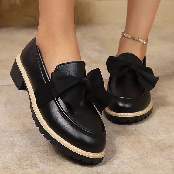 Womens Vintage British Style Loafers - Black Oversized Bow 4cm Block Heel PU Shoes, Slip-Resistant Comfortable Daily Wear for Office Campus Casual,Size 36